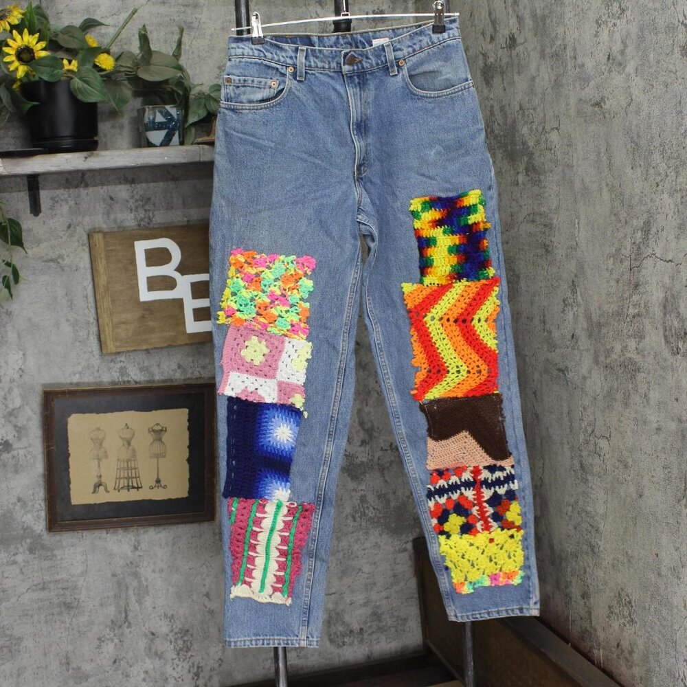 Levi's Y2K Upcycle Baggy Straight Leg Crochet Jeans Light Blue See Measurements